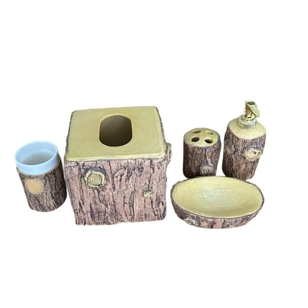 Rustic TreeBark BathroomSet - Soap Dispenser Toothbrush Holder Tumbler TissueBox